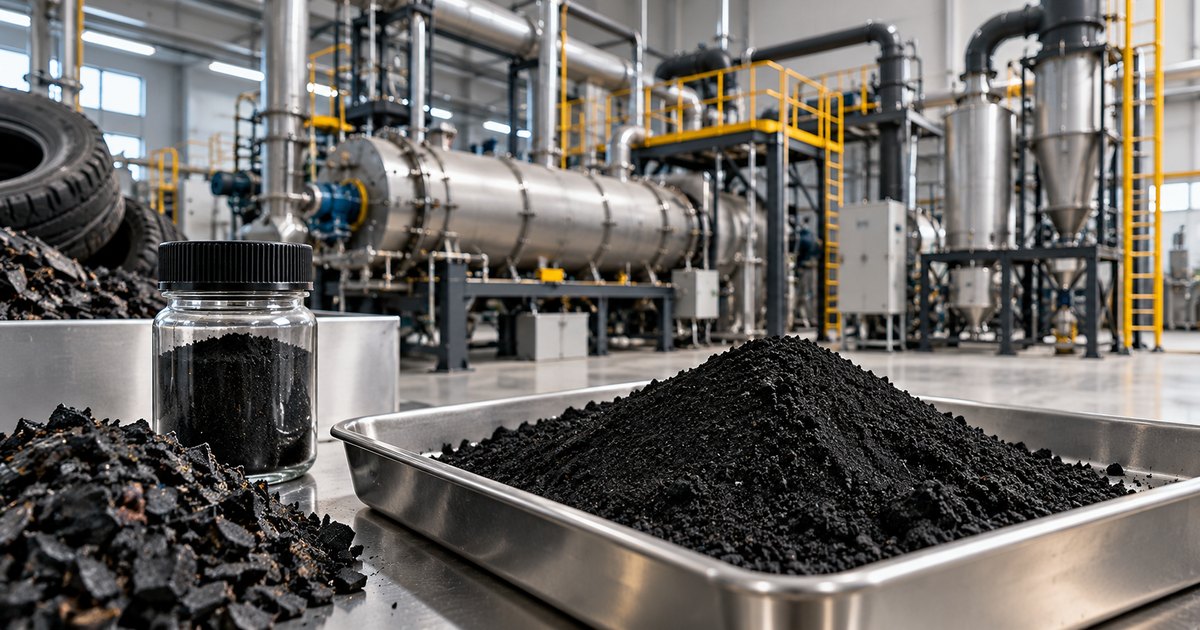 Illustrazione generata di residuo carbonioso in vaschetta e impianto industriale sullo sfondo